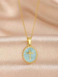 1pc Classic Rettro Gold Tone Colorful Cross Pendant Necklace Blue White Pink Oval Enamel Charm Vintage Y2K Layered Jewelry Gift - Multicolor - View 4