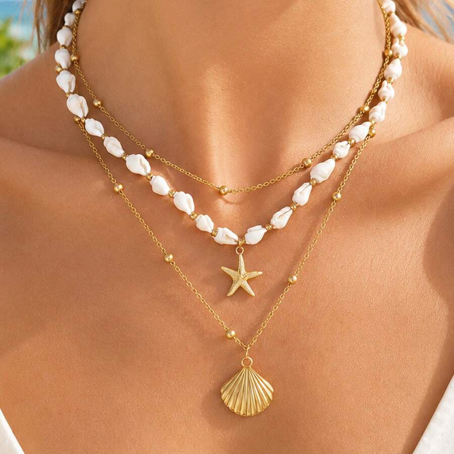 DAILI 1-3 Buah Kalung Bintang Laut dan Kerang, Kalung Bertingkat untuk Wanita, Kalung Choker Tumpuk yang Elegan, Perhiasan Liburan Bertema Laut, Hadiah Perhiasan Liburan - Kalung bintang laut bertumpuk - View 1