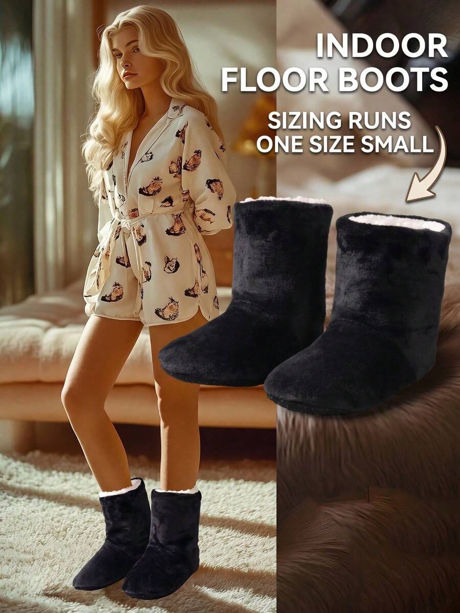 Women's Full-Body Thick Fleece Lined Warm Solid Color Round Toe Mid-Calf Flat Slippers, Gentle Style Indoor/Outdoor Snow Boots, Autumn/Winter Black, Coral Fleece Ankle Boots, Plus Size, Runs Small - Black - View 1