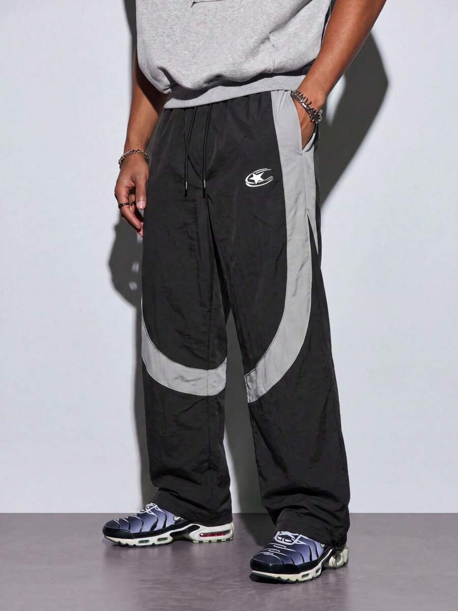 Modcrash Men's Athletic Sports Pants, Line & Color Block Design, Drawstring Waist, Elastic Waistband, Multiple Colors, Couple Gift - Black - View 1