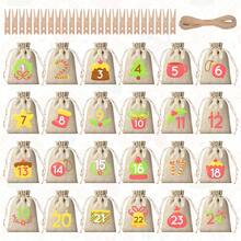 CARRIECUR 24Pcs Christmas Advent Calendar Bags, Simple Color Block Xmas Elements Linen Drawstring Gift Pouches With Number Print, Wooden Clothespins & Jute Twine, DIY Xmas Countdown Candy Treat Gift Sacks - View 15