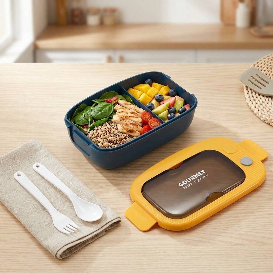 Kotak Bekal Dewasa, Wadah Persiapan Makanan 2 Kompartemen dengan Garpu dan Sendok, Wadah Makan Siang Plastik yang Aman untuk Microwave, Wadah Penyimpanan Makanan Anti Bocor dengan Sekat, Wadah Salad Perjalanan yang Dapat Ditumpuk untuk Makan Siang Sekolah Kantor - MultiWarna - View 1