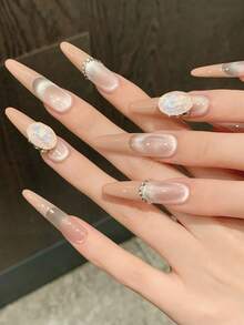 10Pcs Stiletto Nail Art, Beautiful False Nails, [Pink Glutinous Cloud Yao]Icy Transparent Nude Elegant Long Press‑On Nails, High‑End Skin‑Brightening Handmade Nails, Suitable For Women For Daily, Holiday, Party Occasions - Apricot - View 3