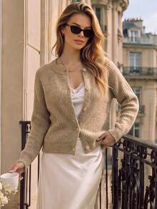 Autumn Khaki Crew Neck Knit Cardigan For Women Raglan Sleeve Button Down Fuzzy Soft Knit Tops Casual Fall Daily Outfits - Brown - View 1