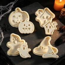 4pcs Pumpkin Haunted House Ghost Magic Hat (Beige Cookie Stamp) Halloween Spring Press Cookie Mold Set, Shaped Cookie Cutter For Home DIY Fondant Cookie Press, Holiday Baking Tool, Handmade Cartoon 3D Cookie Stamp Cake Decoration Small Tool - View 8