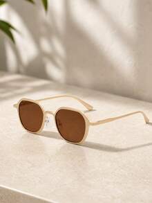 European And American Vintage Sunglasses For Women, Gold-Tea Metal Frame, Brown-Tea Lenses, Rounded Minimalist Thin Metal Temples, High-End Fashion Style, Daily Wear, Vacation, Street Style - Multicolor - View 2