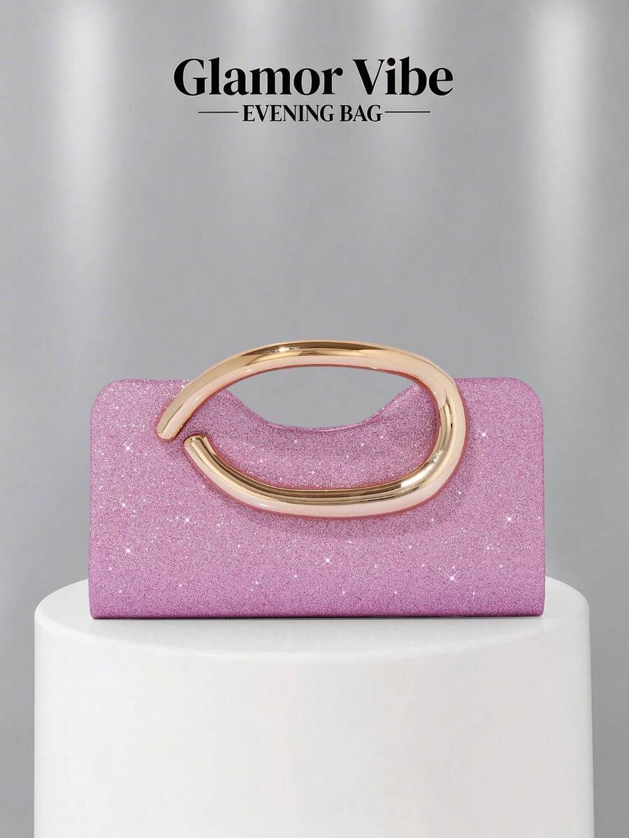 1pc Women's Elegant Pink Glitter Handbag, Luxury Sparkling Rhinestone Sequin Metal Detail Box Bag With Detachable Metal Chain Crossbody Strap, Evening Clutch For Wedding, Party, Ball, Nightclub, Formal Occasions, Dress Matching, Pink Wallet - Pink - View 1