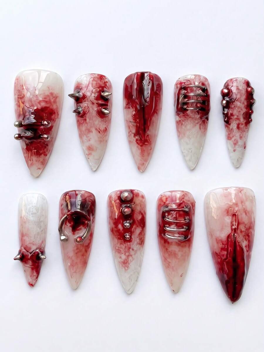 10 ชิ้น เล็บปลอมอะคริลิกยาวปลายแหลมทำด้วยมือ, ลายเย็บเลือดและหมุดโลหะฮา ...