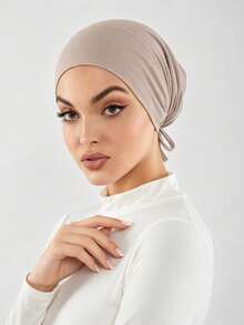 1pc Women's Solid Color Non-Slip Elastic Band Adjustable Scarf Beanie Hat - Light Khaki B - View 4