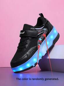 BLSART New Kids' 4-Wheel Retractable LED Light-Up Roller Shoes, Rechargeable Hidden Wheels, Colorblock Leather Hook-And-Loop Strap, Daily Commute Flashing Skating Sports Shoes For Boys And Girls - Black - View 4