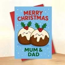 1 Greeting Card + 1 Envelope Adorable Christmas Greeting Card, Cute Pudding Couple Design Merry Christmas, Perfect For Parents, Festive Holiday Cartoon Style Card. - Multicolor - View 1