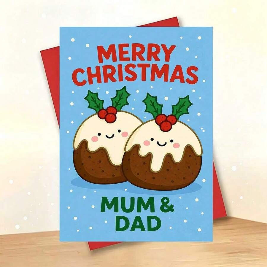 1 Greeting Card + 1 Envelope Adorable Christmas Greeting Card, Cute Pudding Couple Design Merry Christmas, Perfect For Parents, Festive Holiday Cartoon Style Card. - Multicolor - View 1