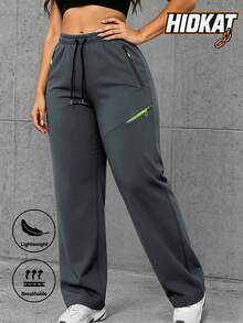Hidkat Women's Spring Summer Autumn Minimalist Solid Color Casual Straight Leg Pants, Lightweight Breathable Fabric, Multiple Zipper Pockets, Drawstring Waist, Suitable For Outdoor, Casual, Sports, Running - Grey - View 1