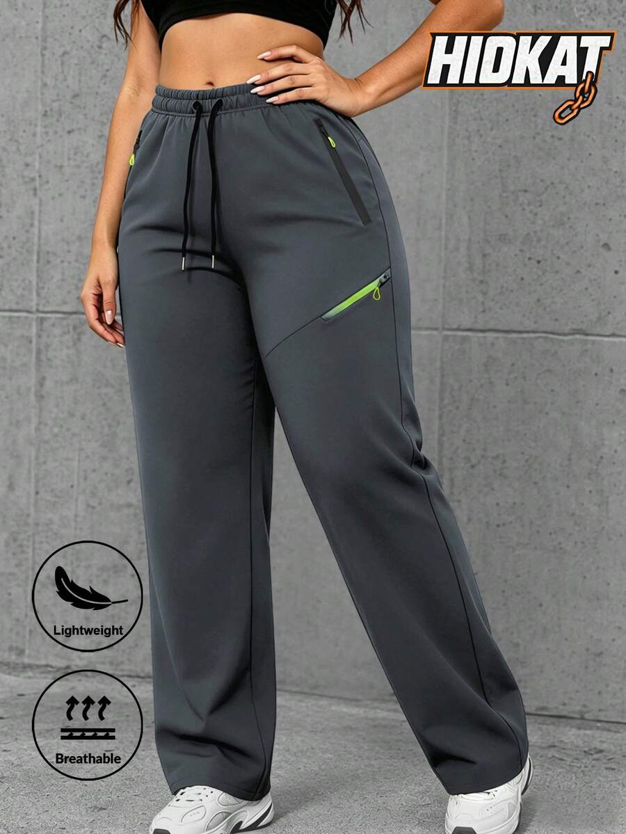 Hidkat Women's Spring Summer Autumn Minimalist Solid Color Casual Straight Leg Pants, Lightweight Breathable Fabric, Multiple Zipper Pockets, Drawstring Waist, Suitable For Outdoor, Casual, Sports, Running - Grey - View 1