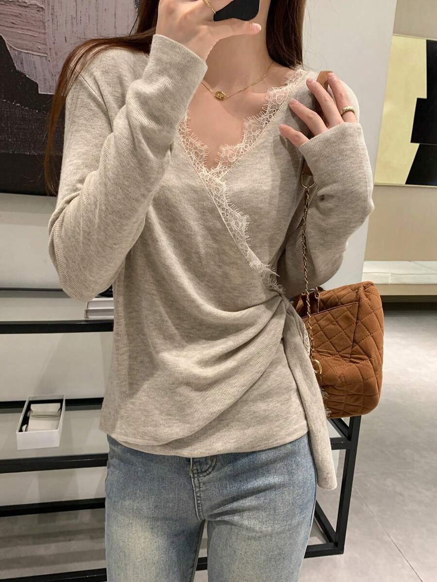 Women's Lace Patchwork Pleated Casual Versatile Daily Wear Knit Top - Khaki - View 1
