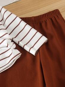 2pcs Baby Girl Casual Vintage Brown Striped Collared Waist-Cinching Long Sleeve Top & Straight Leg Pants Set, Thin Spring/Autumn - Khaki - View 8