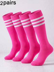 2 Pasang Kaos Kaki Betis Wanita Warna Polos Bergaris, Serbaguna, Lembut, dan Nyaman, Cocok untuk Semua Musim, Sempurna untuk Sepak Bola, Bola Basket, Pemandu Sorak, dan Pemakaian Sehari-hari - Berwarna merah muda - View 7