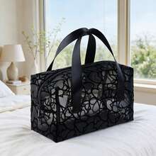 1pc Black Minimalist Fashion Makeup Storage Bag, Flocked Heart-Shaped Breathable Mesh Material Cosmetic Bag, Convenient Dual Handle Toiletry Bag, Beach Bag, Suitable For Travel And Outdoor Use - Black - View 6