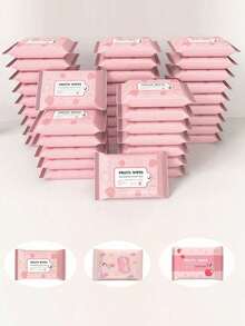 10/30/60pcs (10pcs/Pack) Portable Mini Peach Print Non-Woven Wet Wipes, Suitable For Daily Outdoor Cleaning, Suitable For Wiping Desktops, Keyboards, Shoes, Furniture And Other Item Surfaces, Easy To Carry, Holiday Essential, Travel Essential, Back To School, Bathroom Accessories, Kitchen Accessories, Bedroom Supplies, Home Supplies (For Item Cleaning, Not Suitable For Body Part Cleaning) - One Size Fits All - View 1