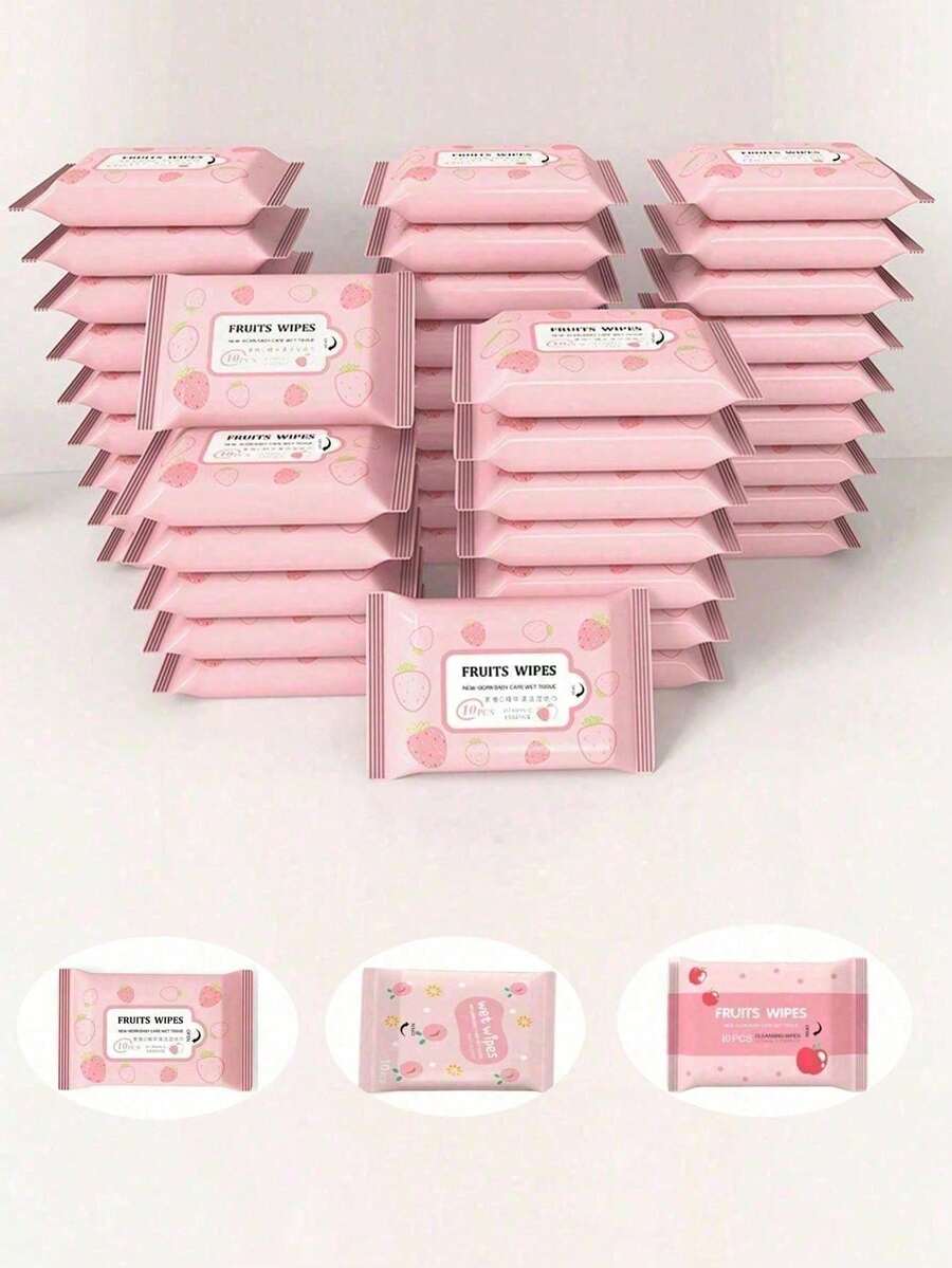 10/30/60pcs (10pcs/Pack) Portable Mini Peach Print Non-Woven Wet Wipes, Suitable For Daily Outdoor Cleaning, Suitable For Wiping Desktops, Keyboards, Shoes, Furniture And Other Item Surfaces, Easy To Carry, Holiday Essential, Travel Essential, Back To School, Bathroom Accessories, Kitchen Accessories, Bedroom Supplies, Home Supplies (For Item Cleaning, Not Suitable For Body Part Cleaning) - One Size Fits All - View 1
