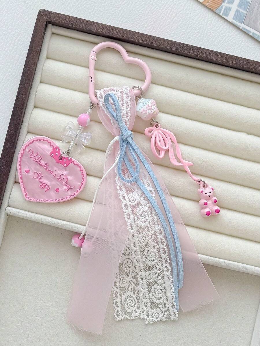 1pc Pink Bear Keychain Heart Lace Bag Charm Accessory - Multicolor - View 1