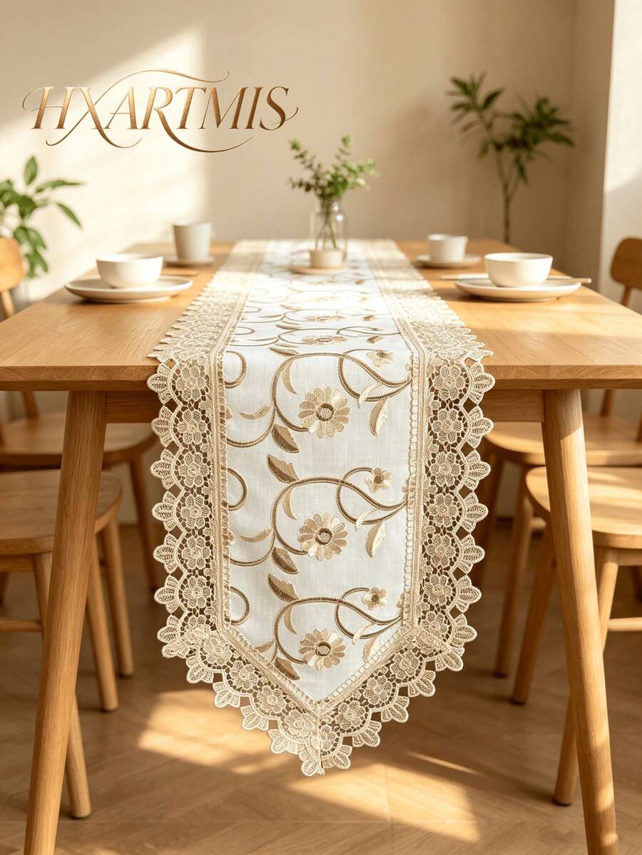 HXARTMIS 1PC Elegant Lace Trim Embroidered Table Runner, White Background With Gold Floral Pattern Tablecloth, Washable Decorative Table Runner, Suitable For Kitchen, Dining Room, Entryway Cabinet, Western Country Style Home Tabletop Decor - milk coffee color - View 1