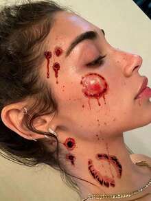 Halloween Makeup Prank Party Blood Paste Tattoo Ink Fake Scar Making Non-Drip Fake Blood + Halloween Red Scar Stitching Blood Hole Pattern Tattoo Sticker Set - Red - View 5