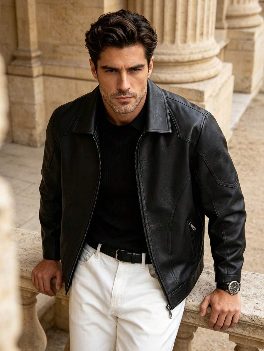 Men's Vintage Motorcycle Casual PU Leather Long Sleeve Jacket, Slim Fit, Spring/Autumn, Grunge - Black - View 1