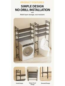 3-Tier Over The Washing Machine Storage Rack – Iron Laundry Organizer Shelf, Space Saving Bathroom Storage Stand, Heavy Duty Utility Rack, Black / White - Dark Green - View 7