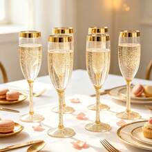 1/6 st champagneglas med guldkant, 160 ml, återanvändbara cocktailglas, lämpliga för bröllop, fester, picknick, födelsedagar och olika festdekorationer - Visa 5