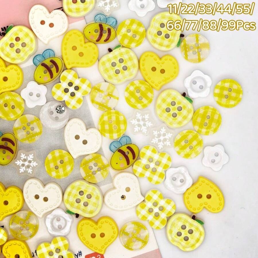 11/22/33/44/55/66/77/88/99Pcs Yellow Series Random Mixed Resin Buttons, Bee Apple Heart Shaped Decorative Sewing Buttons, DIY Accessories For Doll Clothes, Scrapbooking Crafts, Random Style - Multicolor - View 1