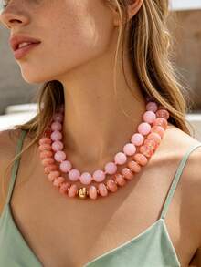 OABE 2pcs/Set Bohemian Style Elegant Pink Round And Oval Bead Layered Necklace Set Suitable For Women - Pink - View 1