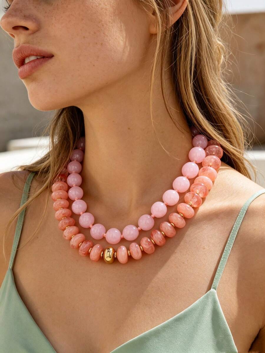 OABE 2pcs/Set Bohemian Style Elegant Pink Round And Oval Bead Layered Necklace Set Suitable For Women - Pink - View 1