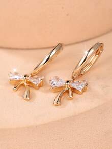1 Pair Of Delicate Cubic Zirconia-Inlaid Zirconia Bow-Shaped Pendant Earrings For Women-Versatile Earrings For Everyday Commuting - Yellow Gold - View 3