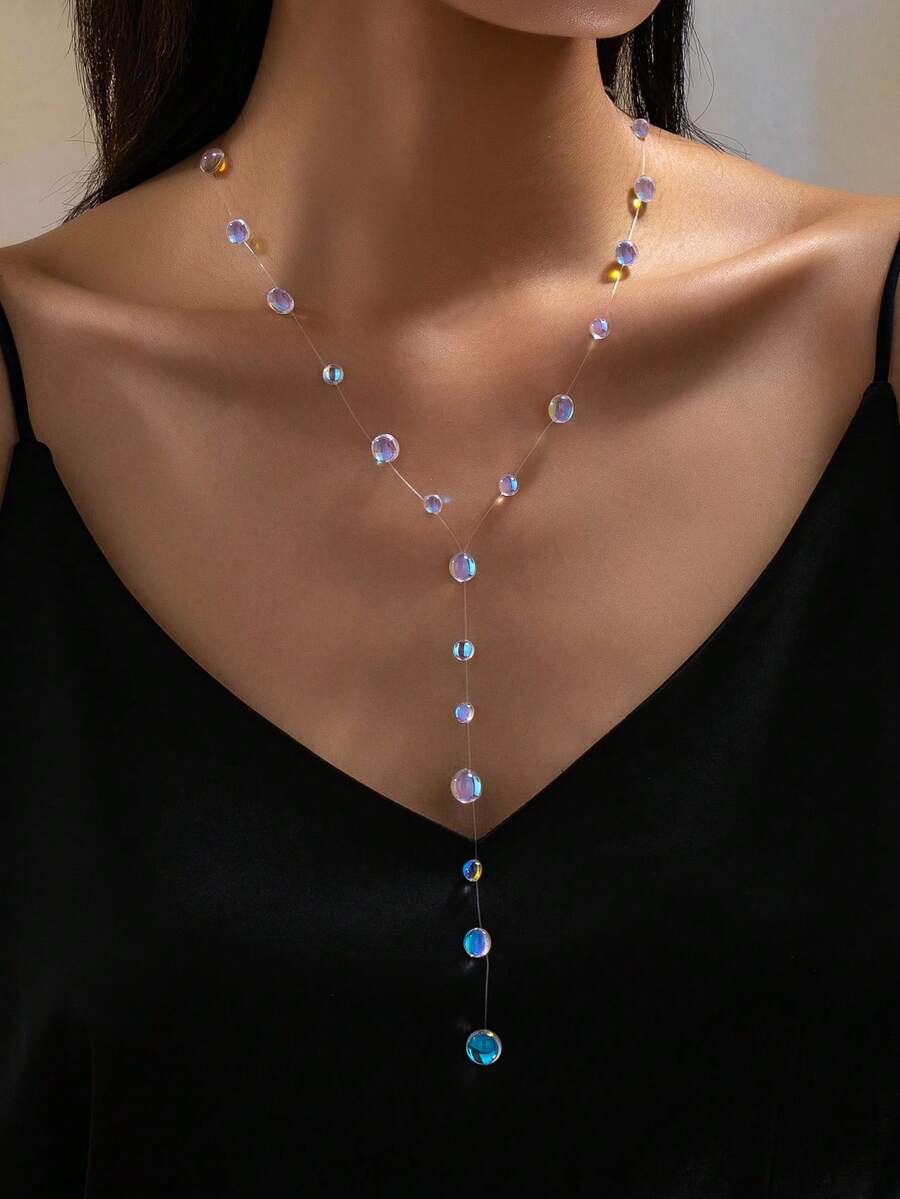 1pc European And American Style Invisible Fishing Line Y-Shaped Knot Necklace, Colorful Aurora Iridescent Round Bead Long Pendant Necklace, Delicate Transparent Beaded Women's Accessory, Suitable For Party And Daily Wear - Colorful - View 1