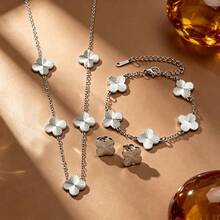 Silver Textured Four-Leaf Clover 4pcs Set Stainless Steel Necklace Bracelet Earrings Luxury Lucky Clover Women's Jewelry Suitable For Holiday And Daily Wear - Silver - View 7