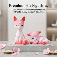 Pink Sakura Fox Figurine Set – Dual Pose Resin Desktop Decor With Cherry Blossom Details, Cute Animal Ornament For Home & Office - 2pcs - View 1