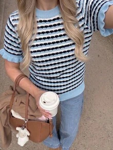 Women's Casual Contrast Color Ruffle Trim Round Neck Short Sleeve Knit Top, Summer - Multicolor - View 9