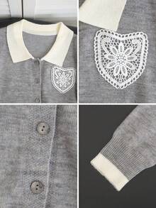 Autumn/Winter New Korean Style Sweet Casual Knit Cardigan For Women, Gentle Style Contrast Color Lapel Lace Heart Cardigan, Preppy Slimming Long Sleeve Jacket, Versatile For Daily Commute - Grey - View 8