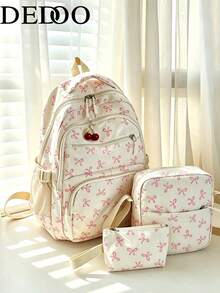 Dedoo School Bag - Student Backpack, Pink Bow Print Nylon, 3-Piece Bag Set With Cherry Charm, Large Capacity, Cute And Sweet, Suitable For College Campus Girls - Pink - View 2