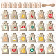 CARRIECUR 24Pcs Christmas Advent Calendar Bags, Simple Color Block Xmas Elements Linen Drawstring Gift Pouches With Number Print, Wooden Clothespins & Jute Twine, DIY Xmas Countdown Candy Treat Gift Sacks - View 13