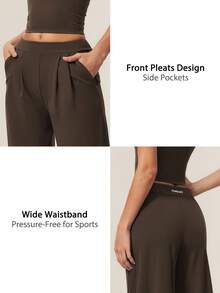 TimeOff Women's 1pc Solid Color Autumn/Winter Pleated Front Side Pocket Straight Wide Leg Long Pants - Coffee Brown - View 4