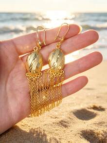 A Pair Of Textured Oval Tassel Dangling Earrings, Bohemian Ear Hook Jewelry, Gift For Ramadan Eid Al Fitr, Exquisite Seaside Vacation Accessories - Irregular Frame Stud Earrings - View 3