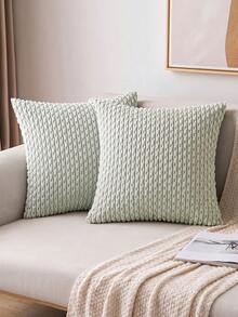 1pc/2pcs Bohemian Striped Throw Pillow Cover (Pillow Insert Not Included), Soft Plush Corduroy Solid Color Decorative Square Pillow Sham, Suitable For Holiday, Sofa, Bedroom, Bed, All Seasons - Pastel Green - View 8
