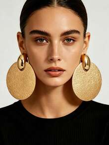 1 Pair Women's Vintage European & American Style Gold Matte Textured Large Disc Dangle Earrings, Suitable For Party, Vacation, Banquet Wear - Gold - View 2