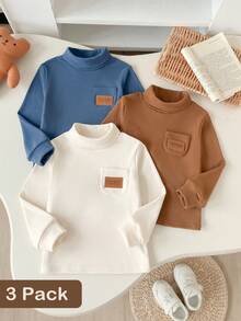 Kids Autumn/Winter High Neck Flocked Base Layer Top, Boys Solid Color Long Sleeve T-Shirt, Skin-Friendly Brushed Pullover With Pocket And Patch Label, Warm Inner Layer Top - Multicolor - View 1