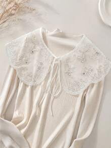 1pc White Semi-Transparent Tulle Butterfly Bead Embroidery Shawl Collar, Wavy Edge Tie Front Detachable Shawl Collar, Dress Decorative Shoulder Wrap - Multicolor - View 6
