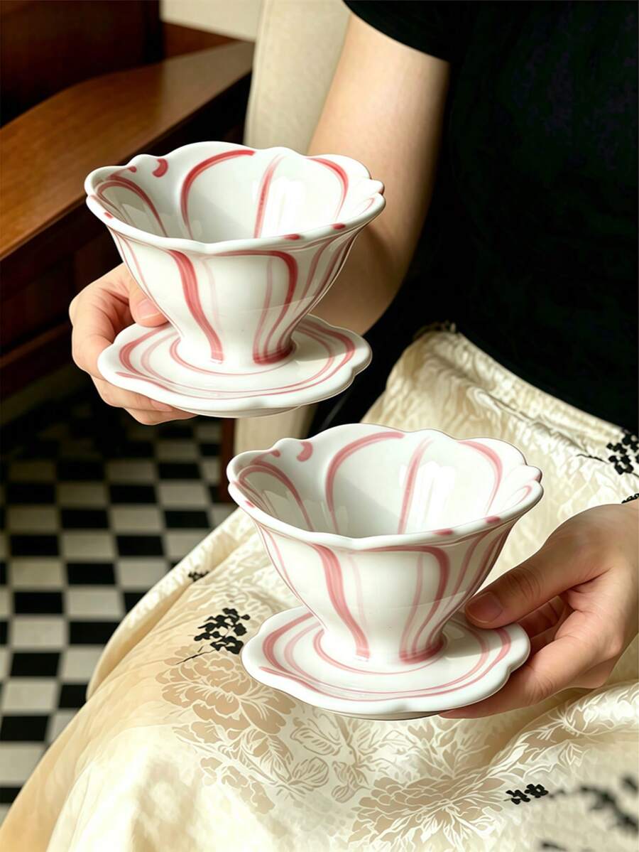 1pc Hand-Painted Striped Ceramic Coffee Dripper, Manual Pour-Over Coffee Filter, Shared Pot Dripper Filter Cup, Reusable Cone-Shaped Manual Pour-Over Coffee Tool, Coffee Accessory - Multicolor - View 1
