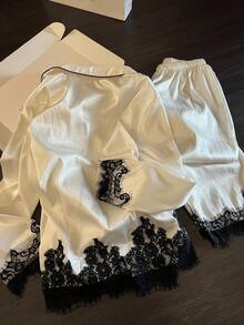 Light Luxury Sweet Solid Color Lace Trim Pajamas Women's New 2 Pieces Set Loungewear - White - View 2