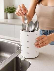 1pc Kitchen Utensil Holder With Drainage Spout, Sink Side Utensil Storage Box, Suitable For Forks, Spoons, Chopsticks And Kitchen Tools, Ventilated Countertop Storage Basket, Direct Drainage, Compact Kitchen Sink Storage Rack, Suitable For Home, Apartment, Dormitory Countertop Storage - View 6